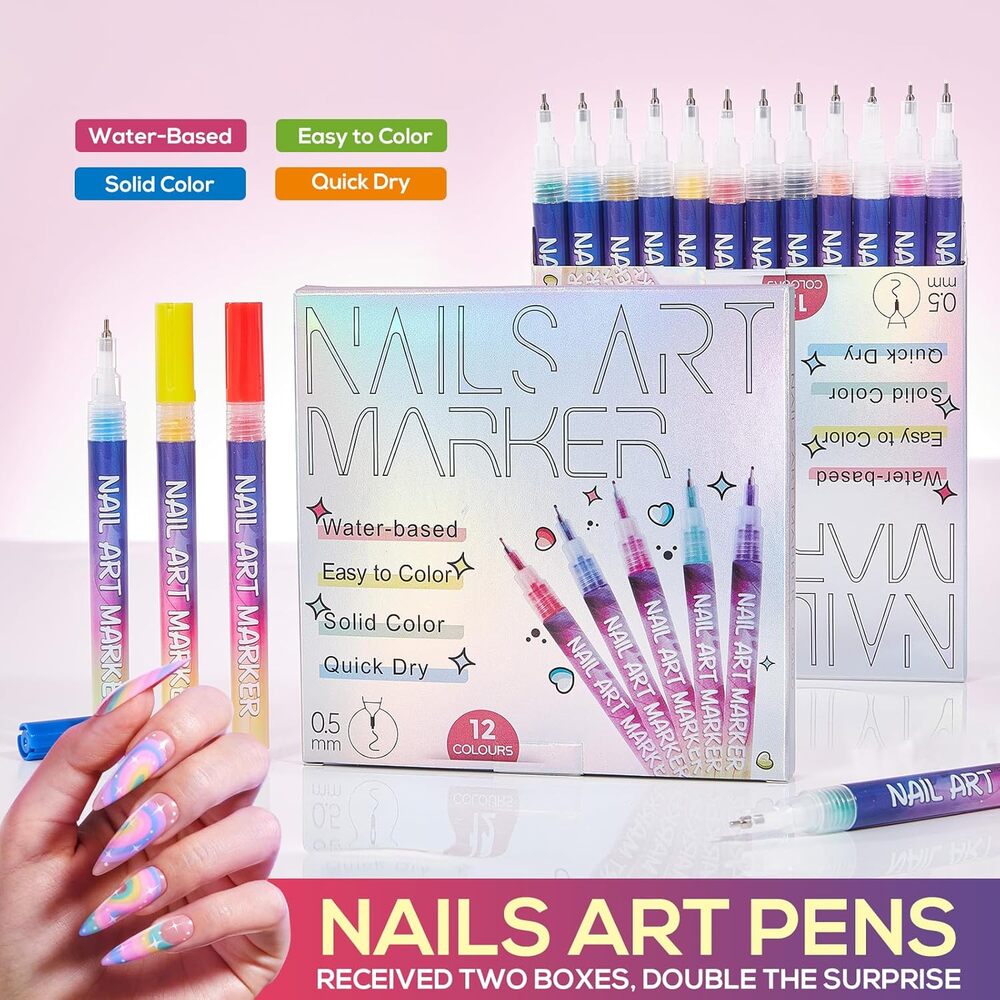 Nail Art 3D Set 12-Color, 0.5mm Ultra-Fine Tip Acrylic Pen, Mani Pedi ~ NEW